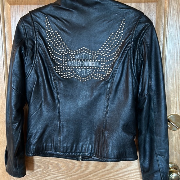 Harley Davidson heavy black leather jacket with silver studding. XS - Picture 2 of 9